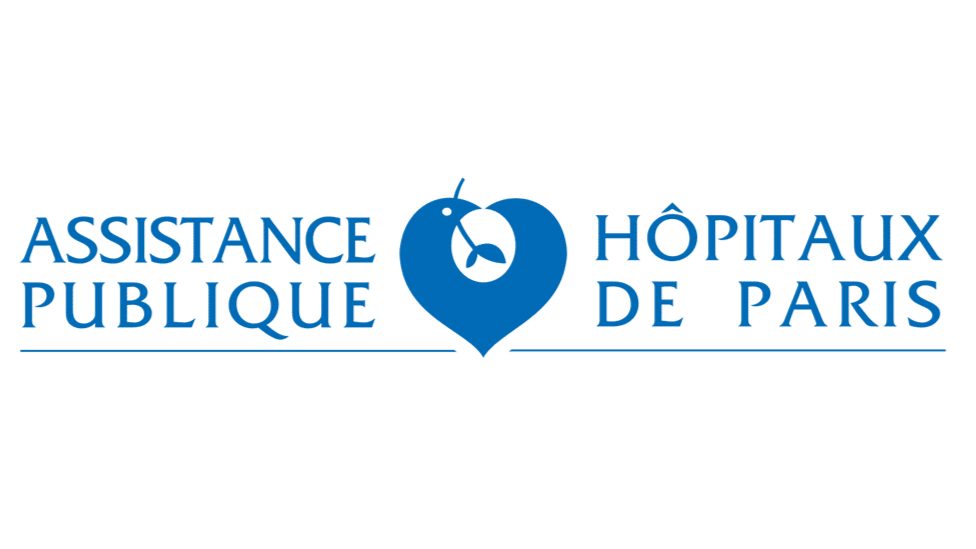 Logo en bleu de l'Assistance Publique - Hôpitaux de Paris avec un symbole d'un cœur et une cible au centre.