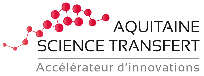 Logo de l'initiative Aquitaine Science Transfert avec une représentation stylisée d'une molécule en rouge et noir.