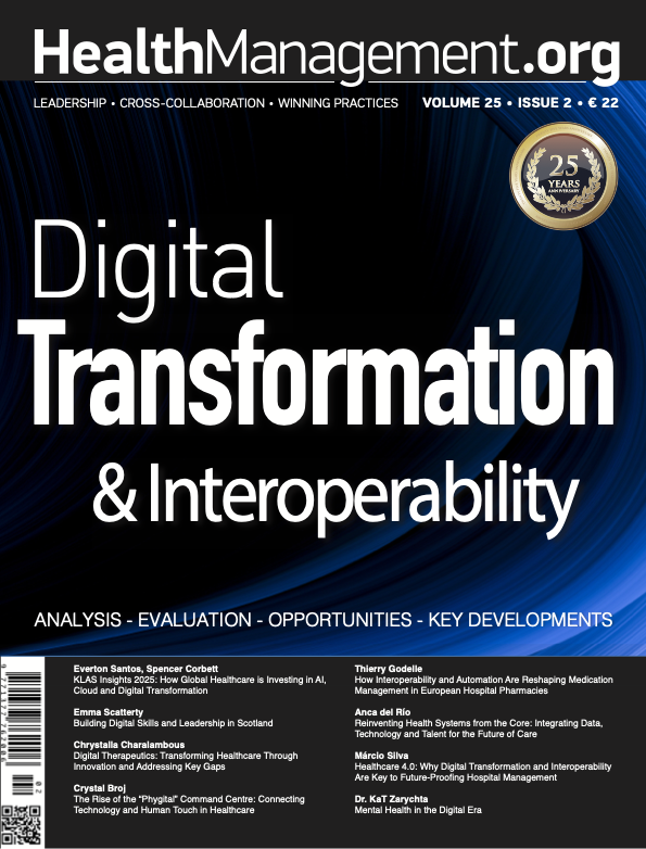 Couverture d'un magazine intitulé 'HealthManagement.org', volume 25, numéro 2, coût 22 euros, célébrant 25 ans, avec le titre 'Transformation Digitale et Interopérabilité' en gros caractères, avec plusieurs noms d'auteurs liés à la gestion de la santé et à la transformation numérique dans le domaine médical.