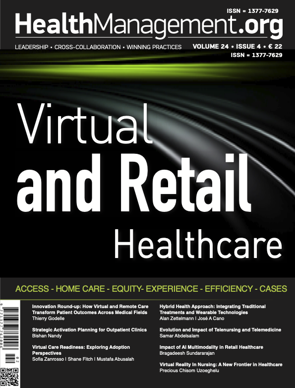 Couverture d'un magazine intitulé HealthManagement.org, volume 24, numéro 4, avec un titre principal 'Virtuel et Commerce de Détail en Soins de Santé', mentionnant diverses thématiques liées à la santé virtuelle, à la télésanté et à la gestion des soins de santé numériques.