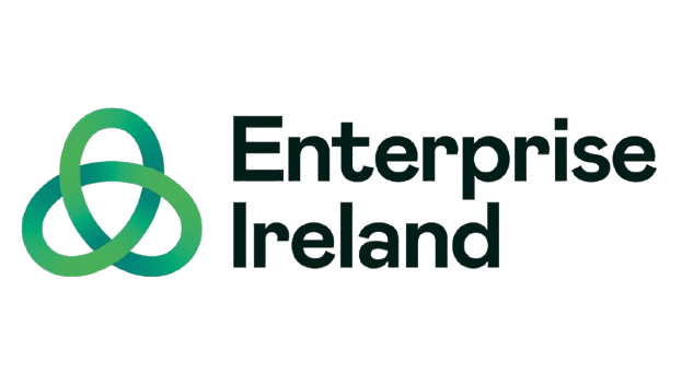 Logo d'Enterprise Ireland avec un emblème tricolore vert, bleu et gris et le texte 'Enterprise Ireland'