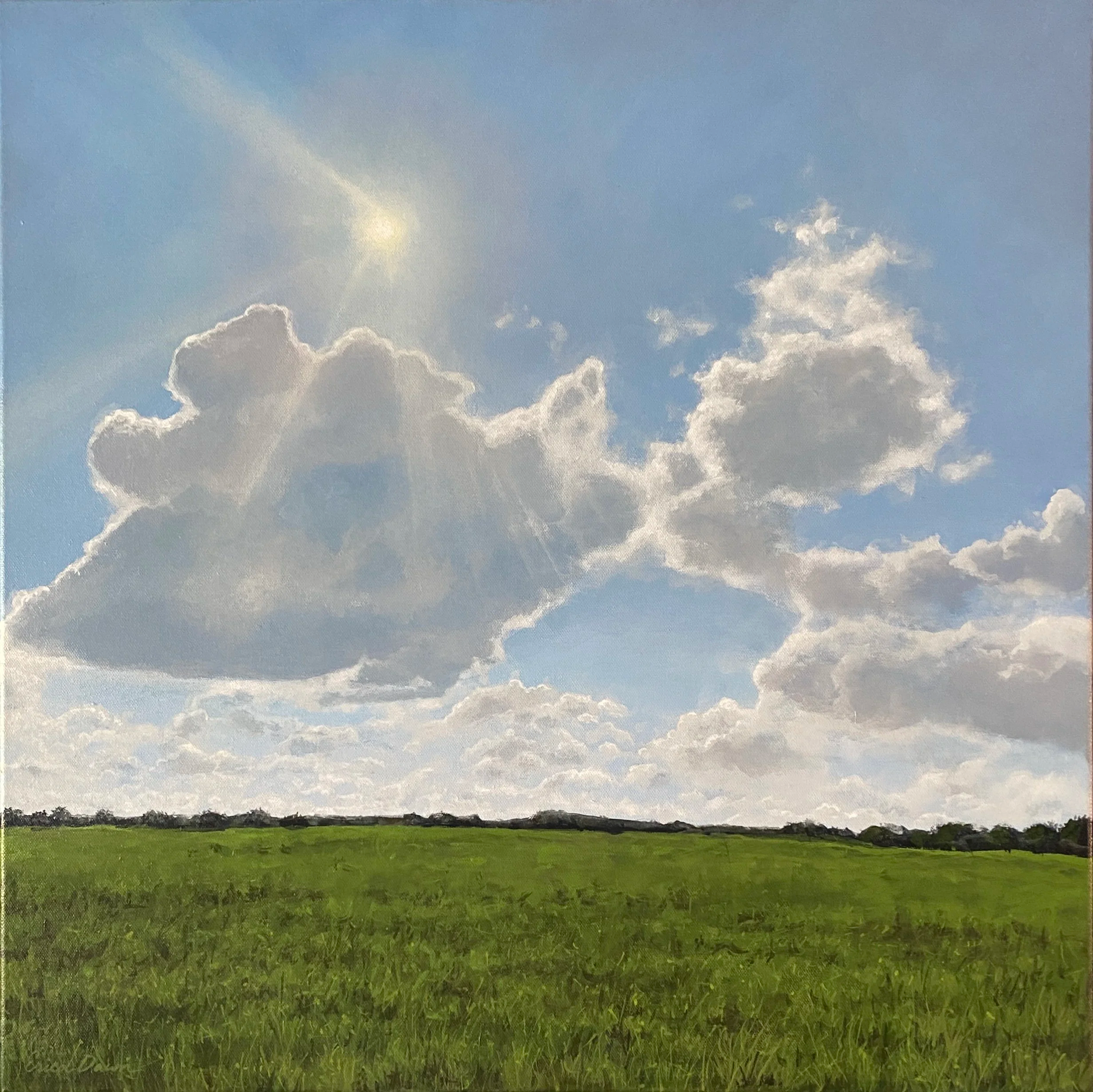 A landscape painting of a vast green field with a clear blue sky and scattered white clouds above.