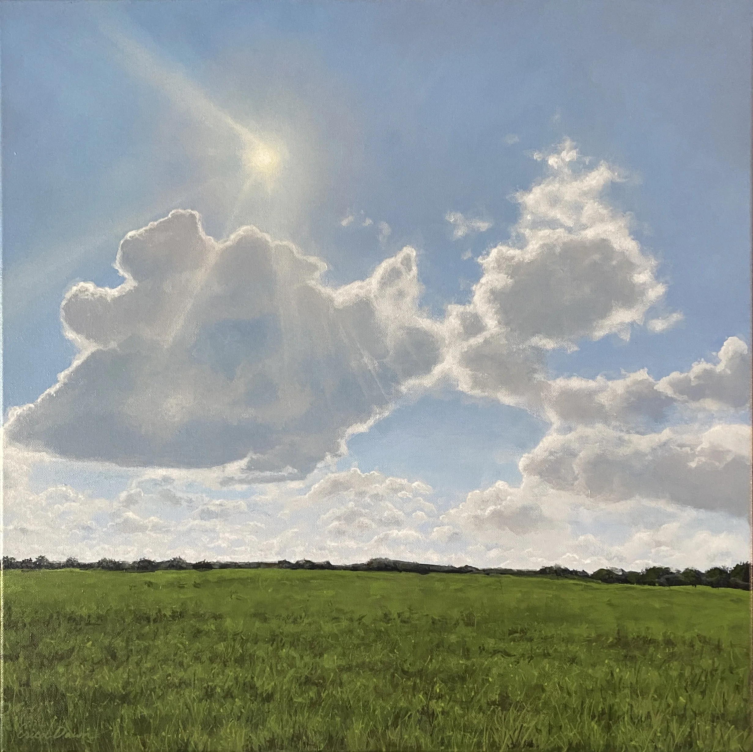 A landscape painting of a grassy field with a blue sky and few clouds.