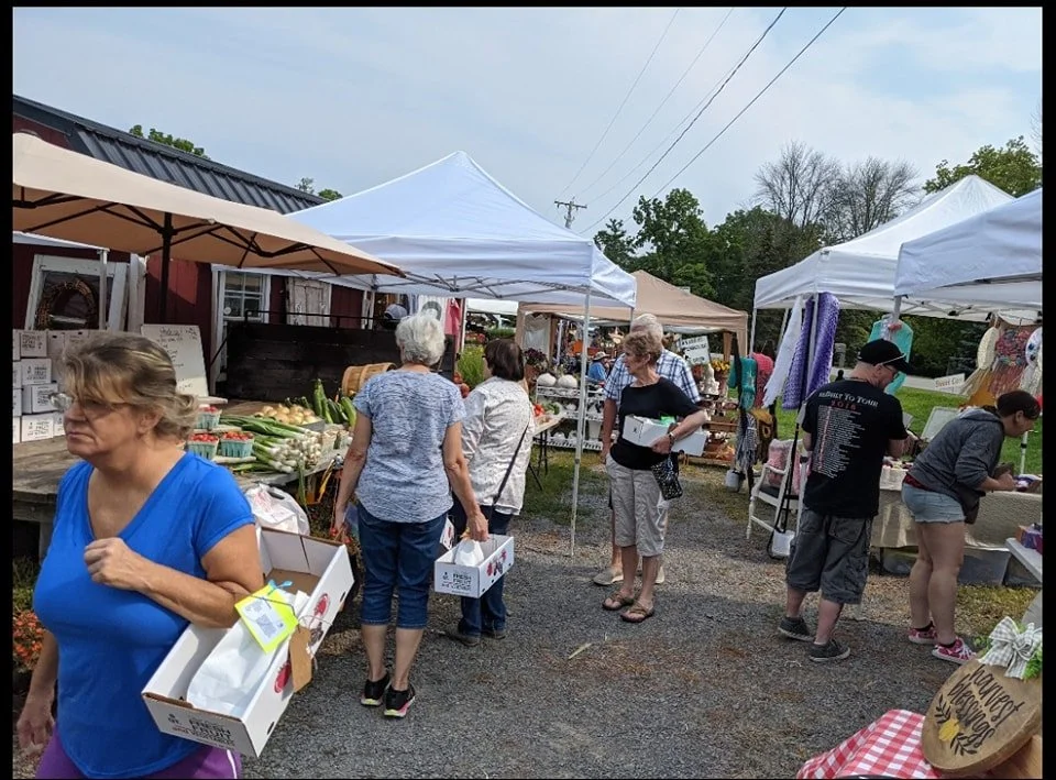 People shopping at an outdoor farmer's market with stalls selling produce and accessories under tents on a cloudy day.