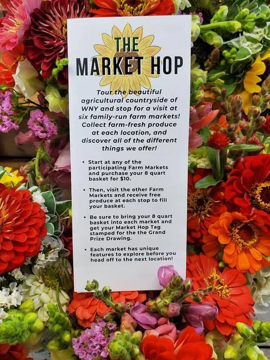A flyer titled 'The Market Hop' surrounded by colorful flowers, inviting visitors to tour farm markets in WNY, collect farm-fresh produce, and participate in a grand prize drawing.