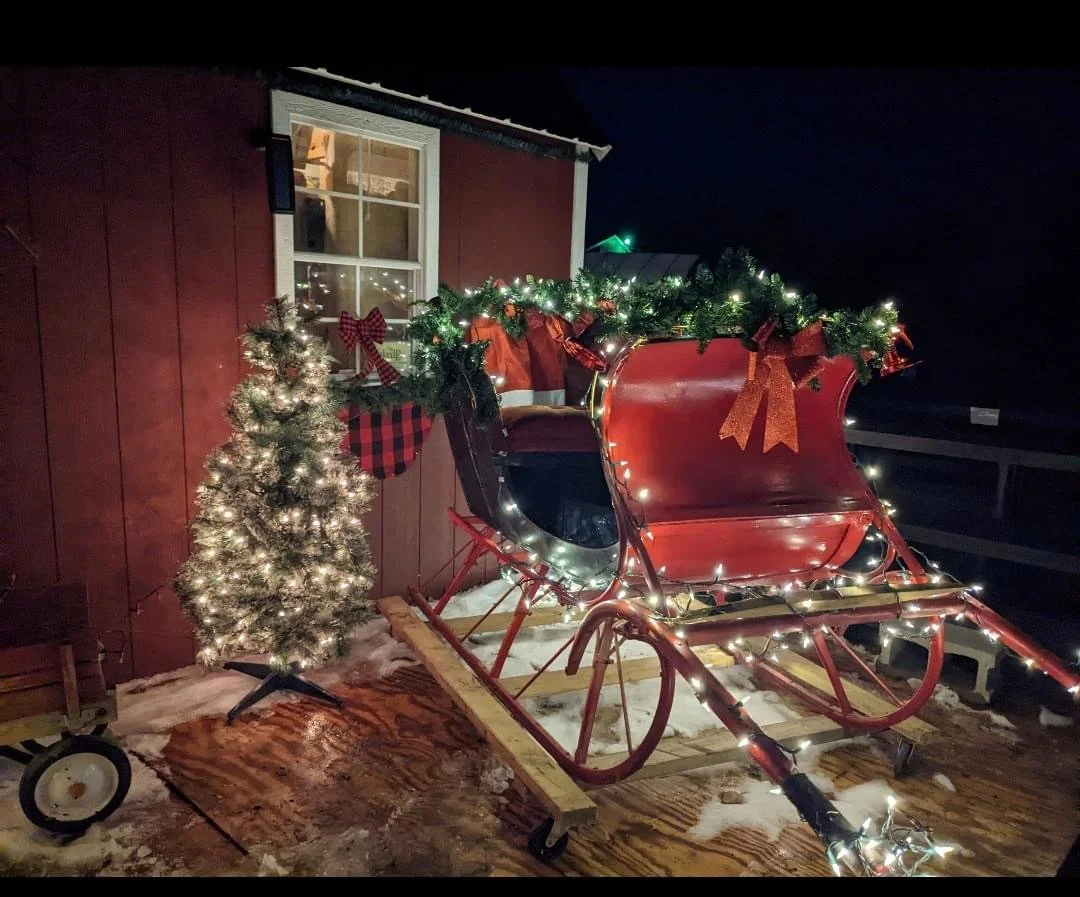 A decorated outdoor Christmas display with a vintage red sleigh outlined with white Christmas lights, a small lit Christmas tree, and a garland with ornaments and lights on a porch railing at night.