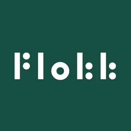 Logo with the word 'Flock' stylized with geometric shapes on a dark green background.