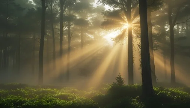 Sunlight streaming through tall trees in a foggy forest, illuminating the green ground cover.