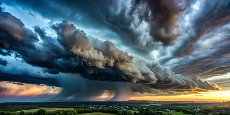 A large dark storm cloud with rain falling over a flat landscape at sunset.