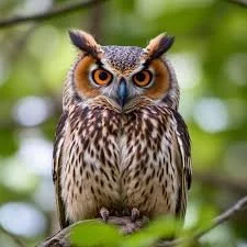 Close-up of a mature owl perched on a branch with a blurred green background.