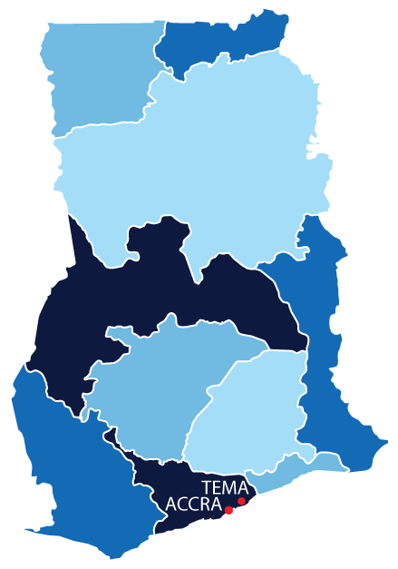 Map of Ghana with regions in different shades of blue and dark blue borders, showing the city of Accra and Tema in the south.