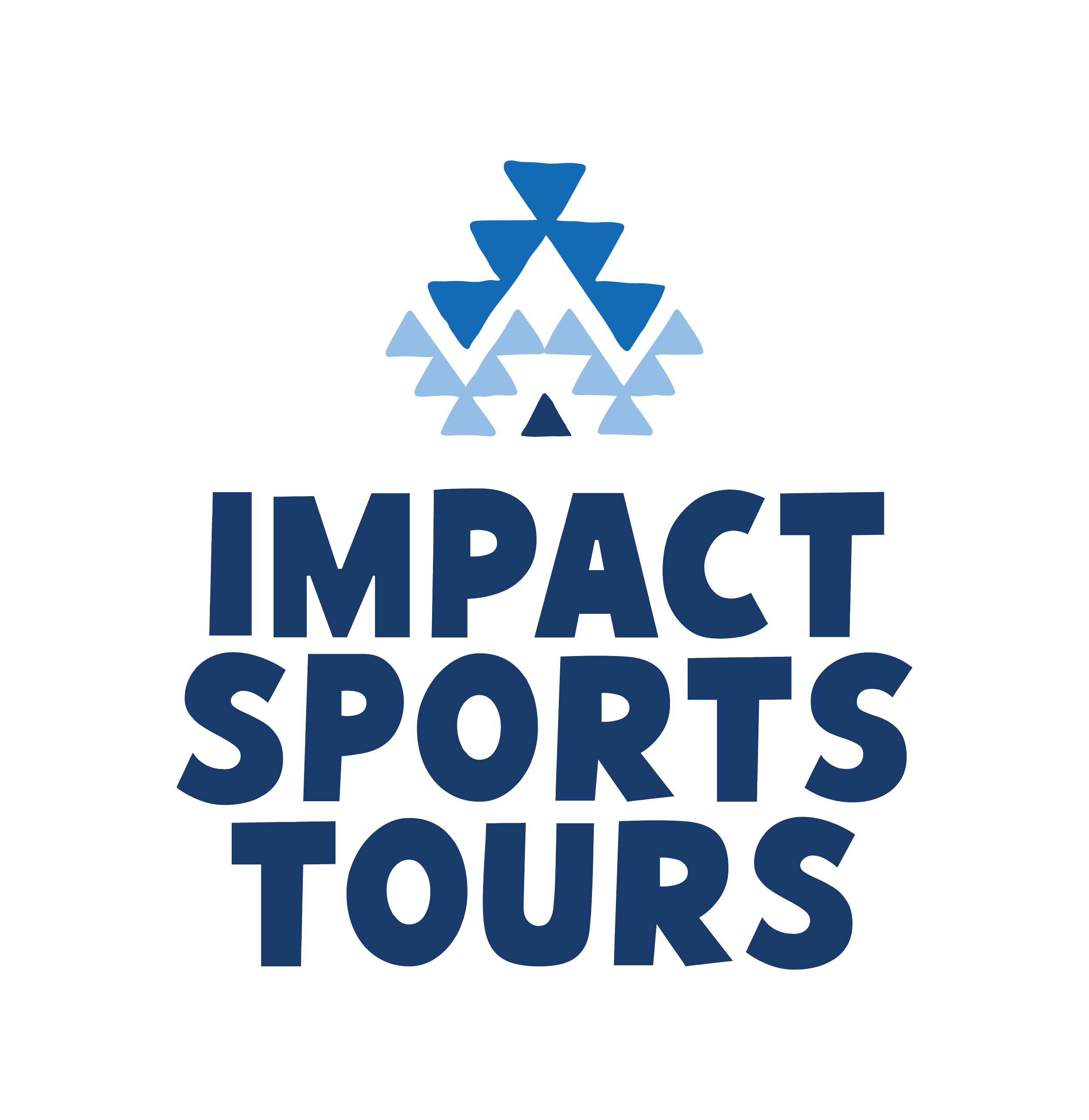 Logo of Impact Sports, featuring a stylised kente cloth  design with varying shades of blue above the text 'Impact Sports' in bold blue letters.