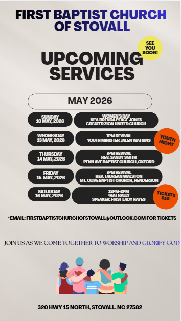 Announcement poster for First Baptist Church of Stovall with upcoming service dates in May 2026, including special events like Youth Night and Youth Night, and ticket information, featuring an illustration of diverse children sitting together.