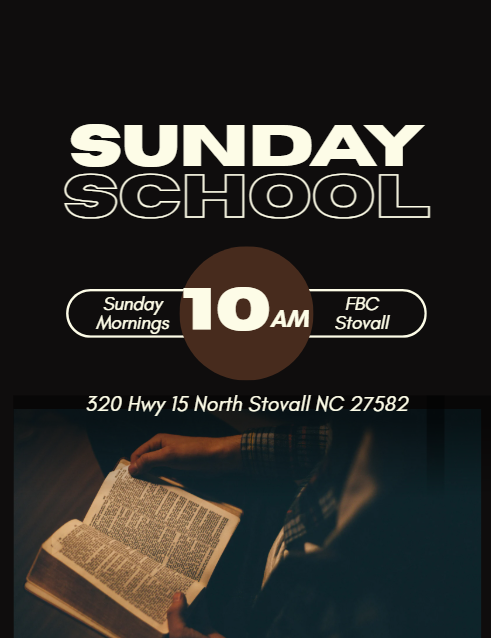 Saturday Sunday School announcement with time, location, and a person reading the Bible.