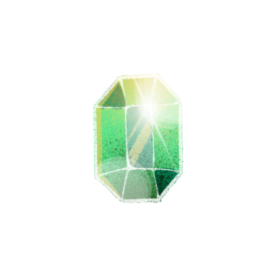 A glowing, green gemstone with sharp edges and facets, shining with bright reflections and light flares.