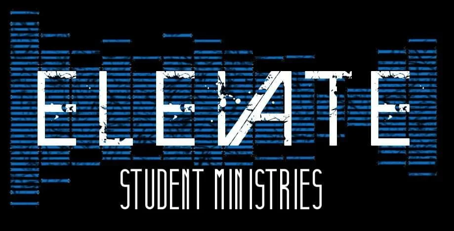 Text reading 'ELEVATE Student Ministries' with a background of blue horizontal lines and a large stylized word 'ELEVATE'.