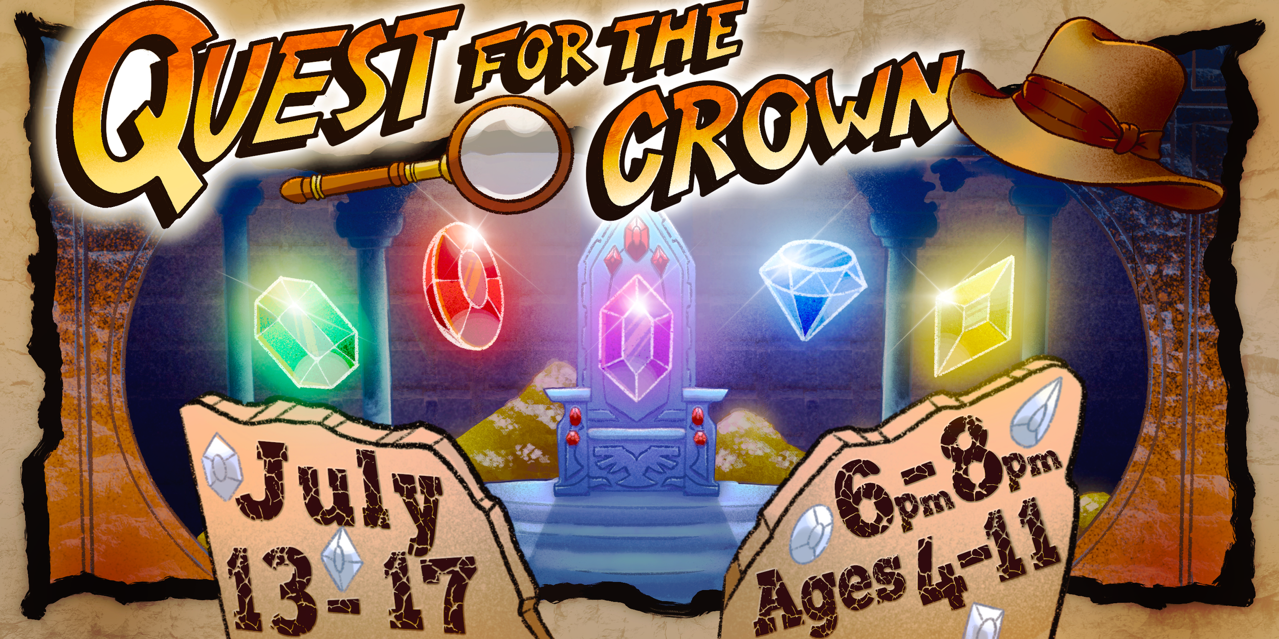 A colorful poster advertising a Quartz for the Crown event happening in July 17 at 6:00 pm, featuring a fantasy-themed design with a crown, gemstones, a sheriff's badge, and a sheriff's star.
