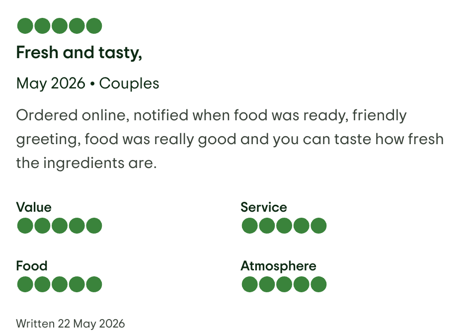 A restaurant review with a title 'Fresh and tasty,' dated May 2026, for couples. The review highlights online ordering, food quality, and ingredient freshness. It displays ratings with green dots for Value, Service, Food, and Atmosphere, all rated five out of five.