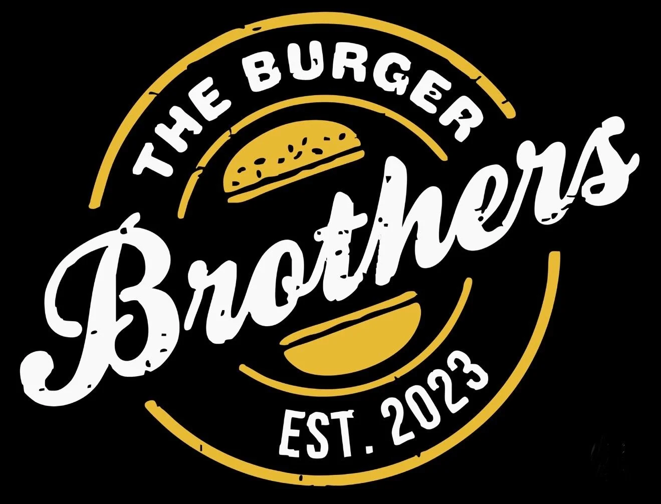 Logo of a burger place called 'Brothers,' featuring a stylized burger and the text 'The Burger Brothers, Est. 2023.'