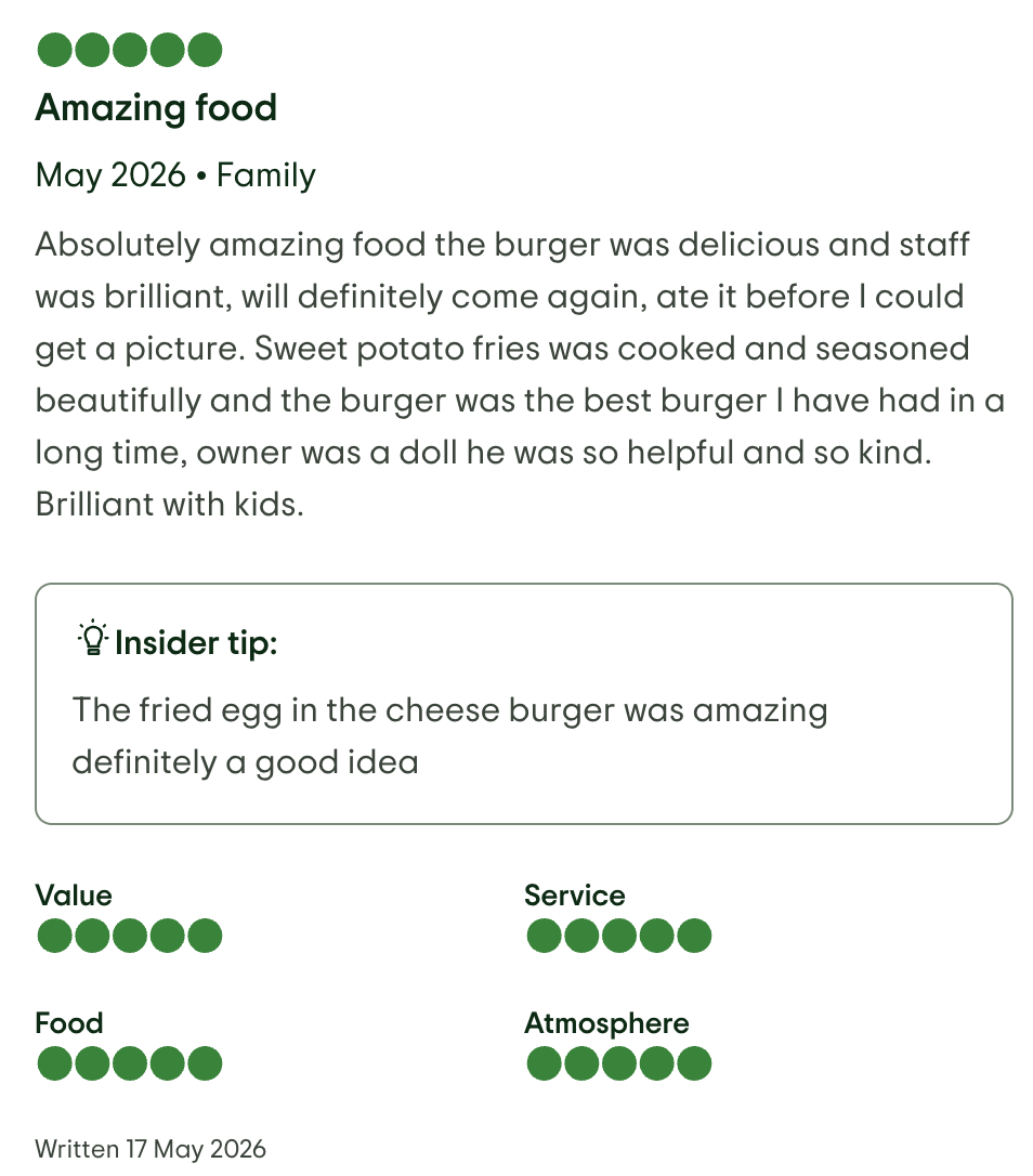 A review of a restaurant visit describing a burger, sweet potato fries, and a fried egg in a cheese burger, with stars indicating high ratings for value, service, food, and atmosphere.