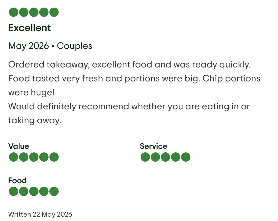 Customer review card with five green dots at the top and bottom, labeled categories for Value, Service, and Food, with full marks for Value and Food and almost full for Service, dated May 22, 2026, praising a takeaway experience.