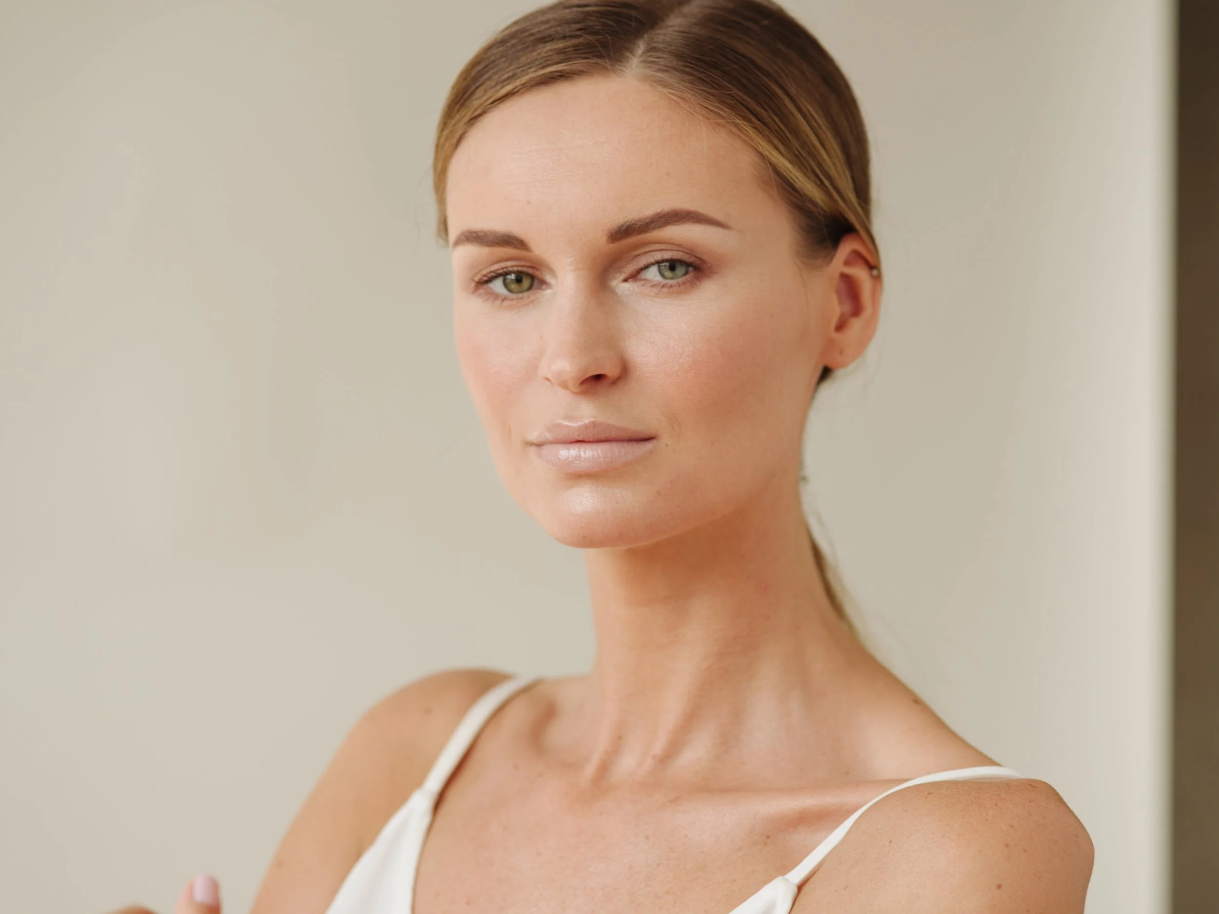 Close-up of a woman with short hair and light skin, wearing a white spaghetti strap top, looking slightly to the side with a subtle smile, neutral background.