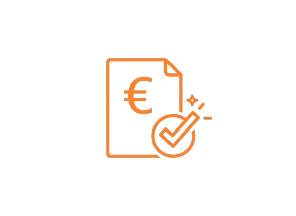 Symbol eines Dokuments mit Eurozeichen und einem Häkchen, dargestellt in orange und blau