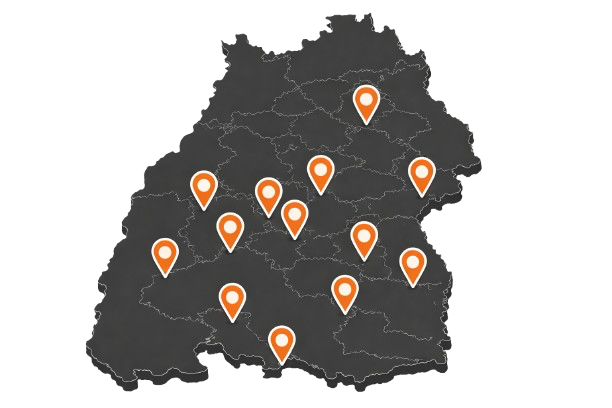Karte von Deutschland mit mehreren orange Markierungen an verschiedenen Standorten