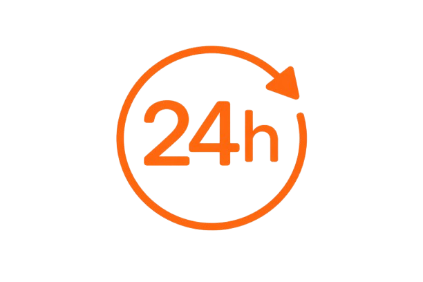 Ein Icon mit einem orangefarbenen Kreis und Pfeil, der die Zahl 24h symbolisiert, vor schwarzem Hintergrund.