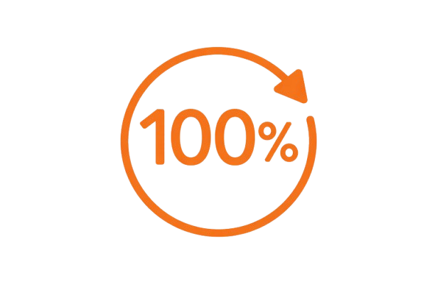 Symbol für 100% mit einem kreisförmigen Pfeil, orange Farbe, auf schwarzem Hintergrund.