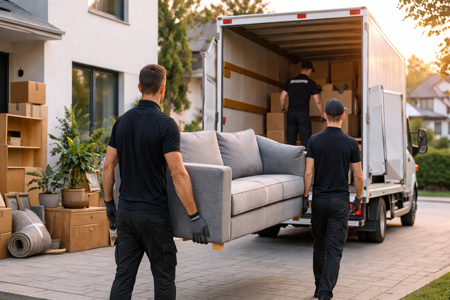 Drei Männer beim Möbeltransport, einer trägt eine Couch, zwei laden Möbel aus einem Lieferwagen in einem Vorort bei Sonnenuntergang.
