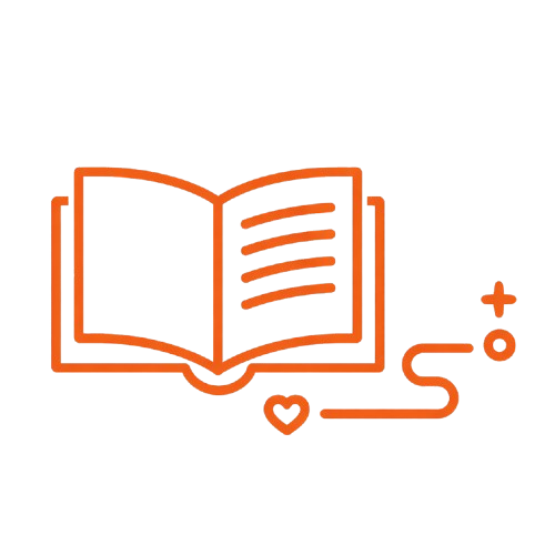 Ein geöffnetes Buch mit Linien, einem Herzsymbol, einem Plus- und einem Minuszeichen, alles in orangefarbener Strichzeichnung.