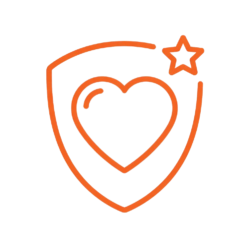 Stern, Herz und Schild in orange Linien auf schwarzem Hintergrund, symbolisieren Schutz und Liebe.
