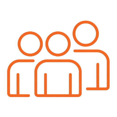 Symbolische Darstellung von drei Menschen, verbunden durch Linien, in orange, auf weißem Hintergrund.