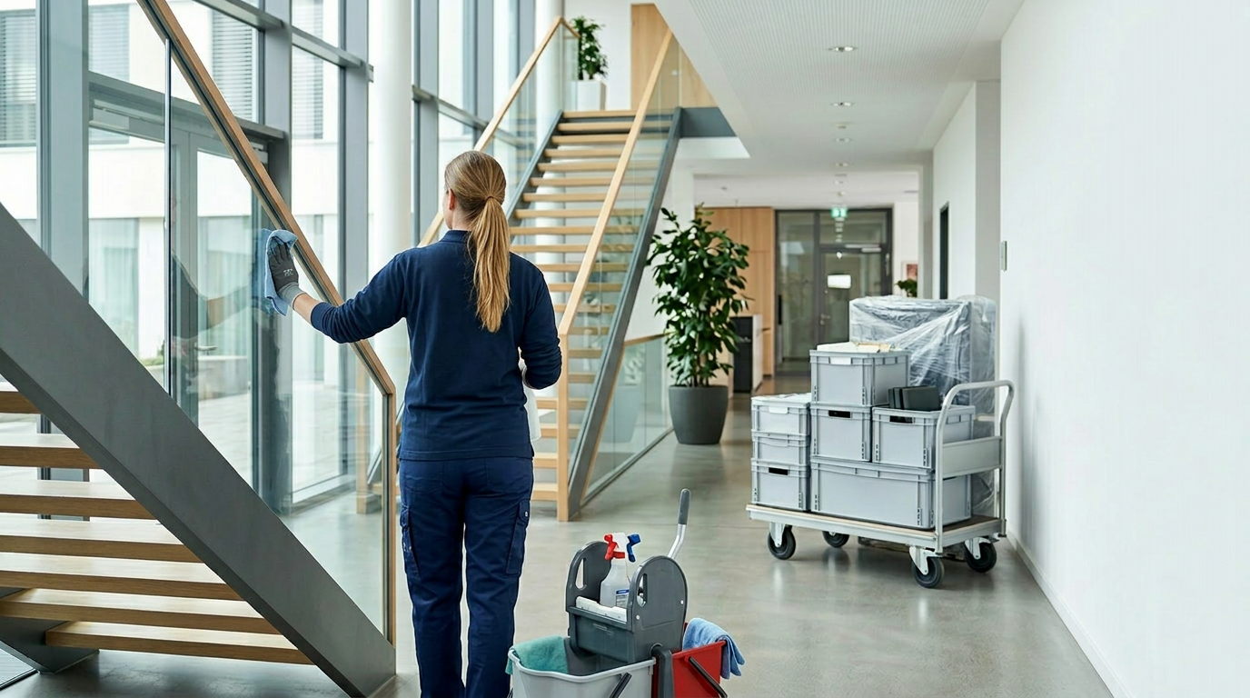 Reinigungskraft putzt große Fenster in einem modernen Gebäude.