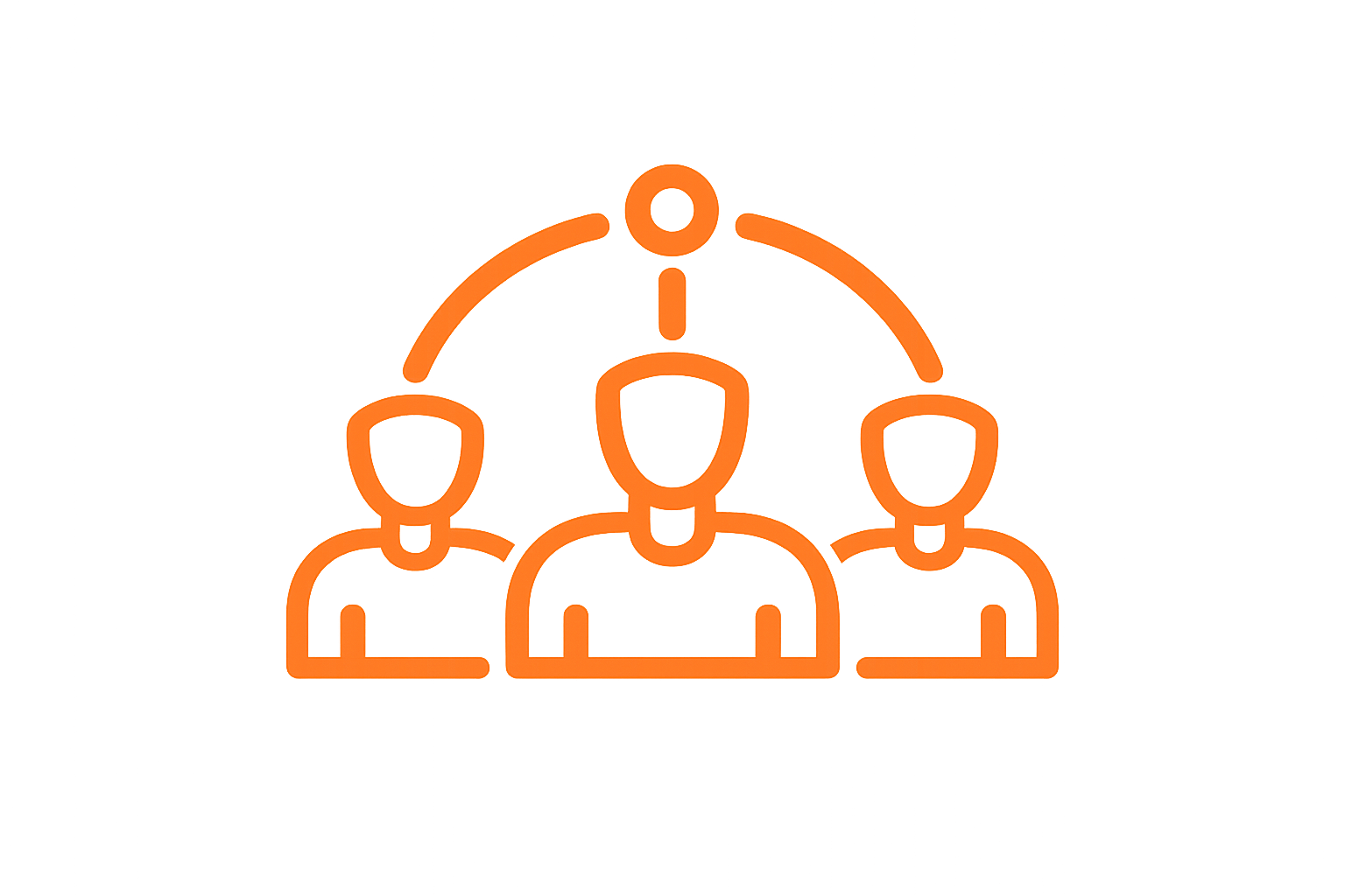 Icon eines Personenzuordnungssystems mit drei Personen, verbunden durch eine ovale Linie, auf einem schwarzen Hintergrund, orange Linienfarbe.