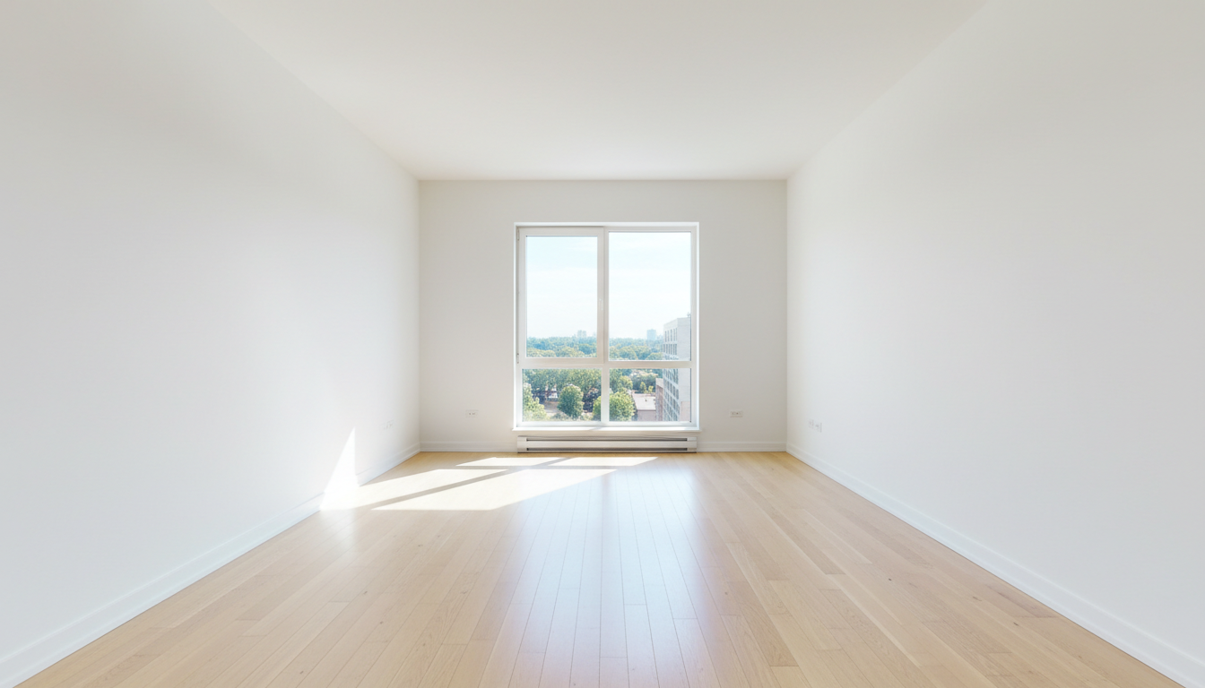 Leerer, heller Raum mit Fenster, Holzboden, weiße Wände