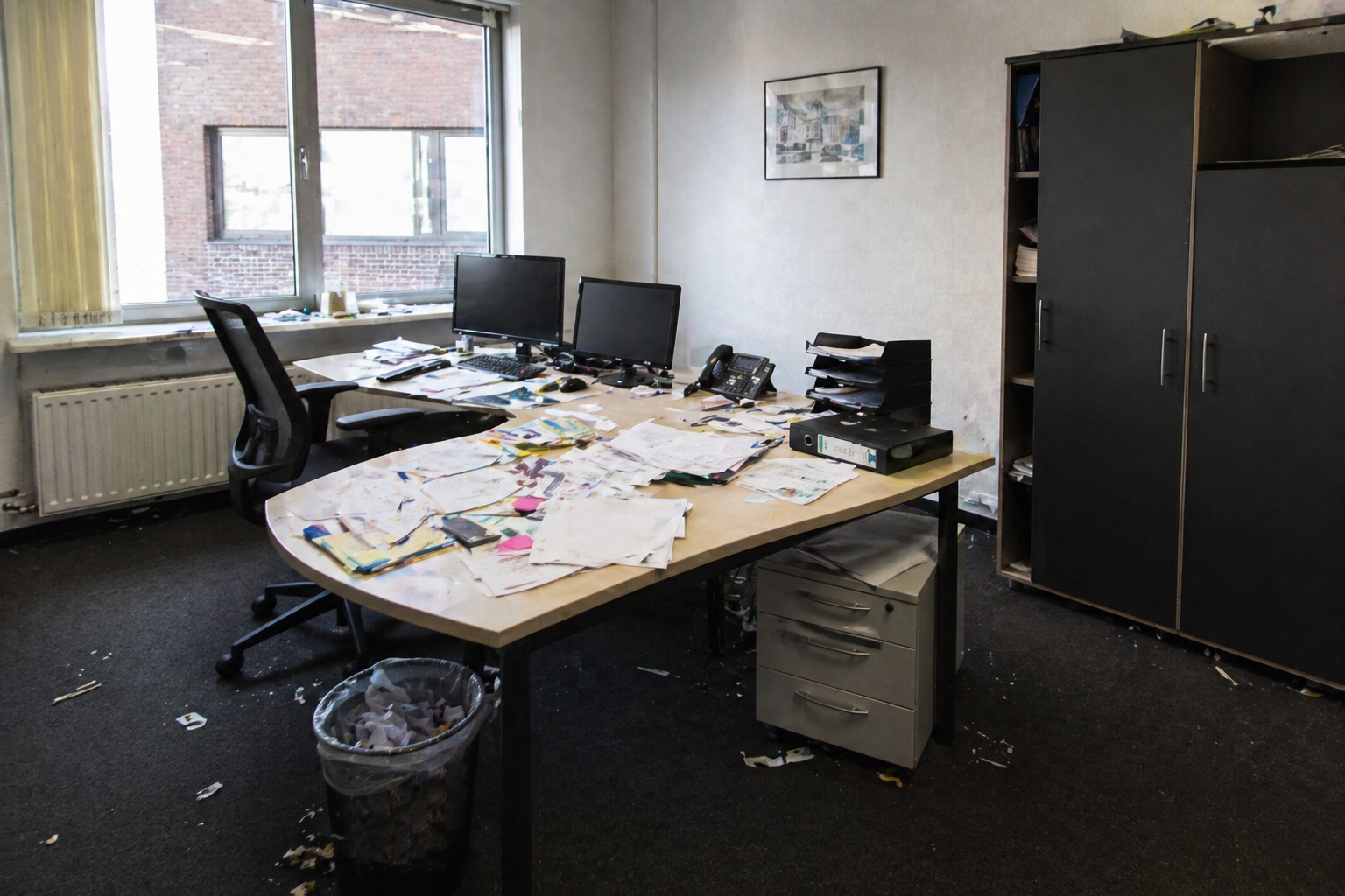 Unordentliches Büro mit mehreren Papieren, Akten, einem Schreibtisch, zwei Computern, Telefon, Drucker und einem Papierkorb, der voll mit Papiermüll ist.