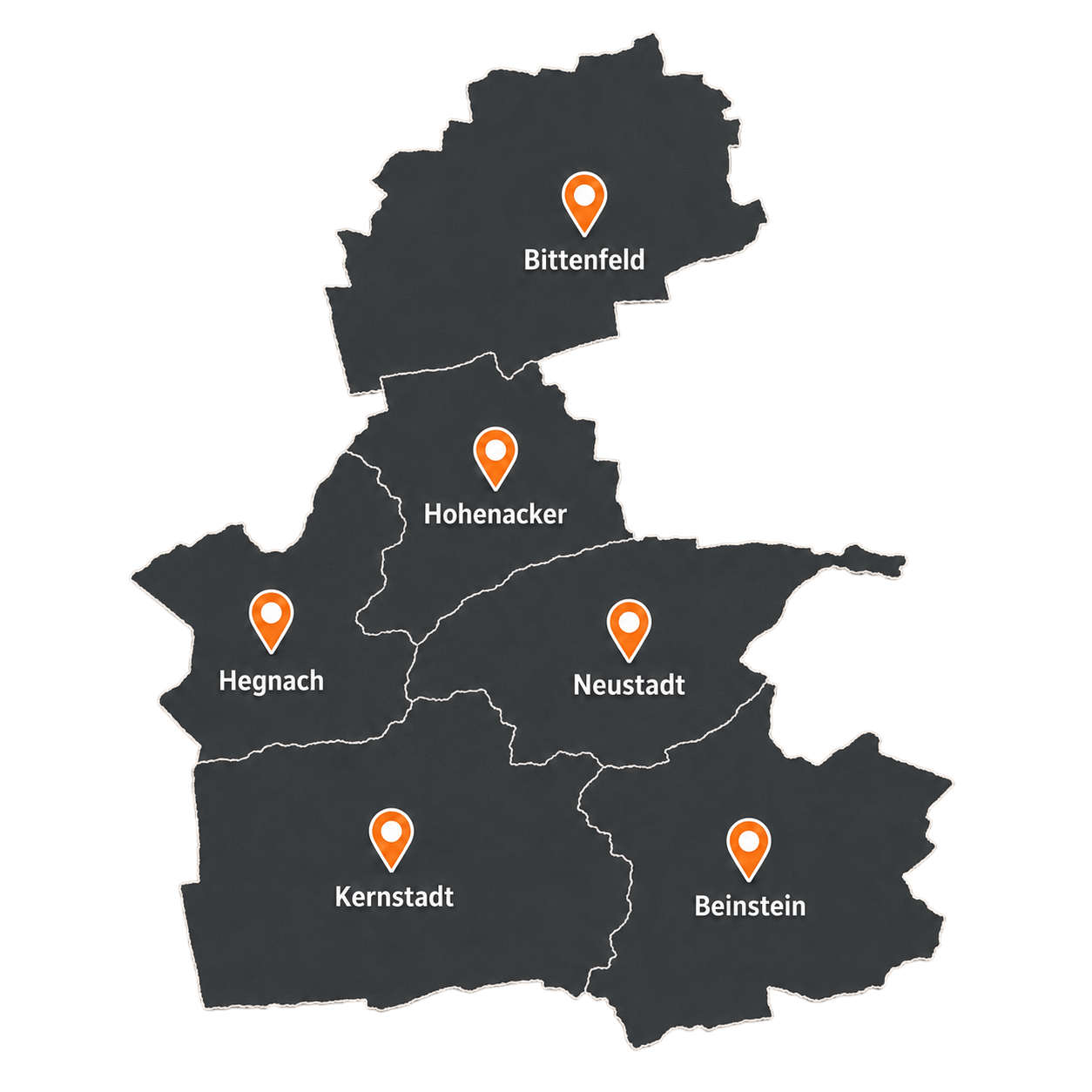 Karte mit sechs Ortsnamen: Bittenfeld, Hohenacker, Hegnach, Neustadt, Kernstadt, Beanstein, jeweils markiert mit orangefarbenen Standortmarkern.