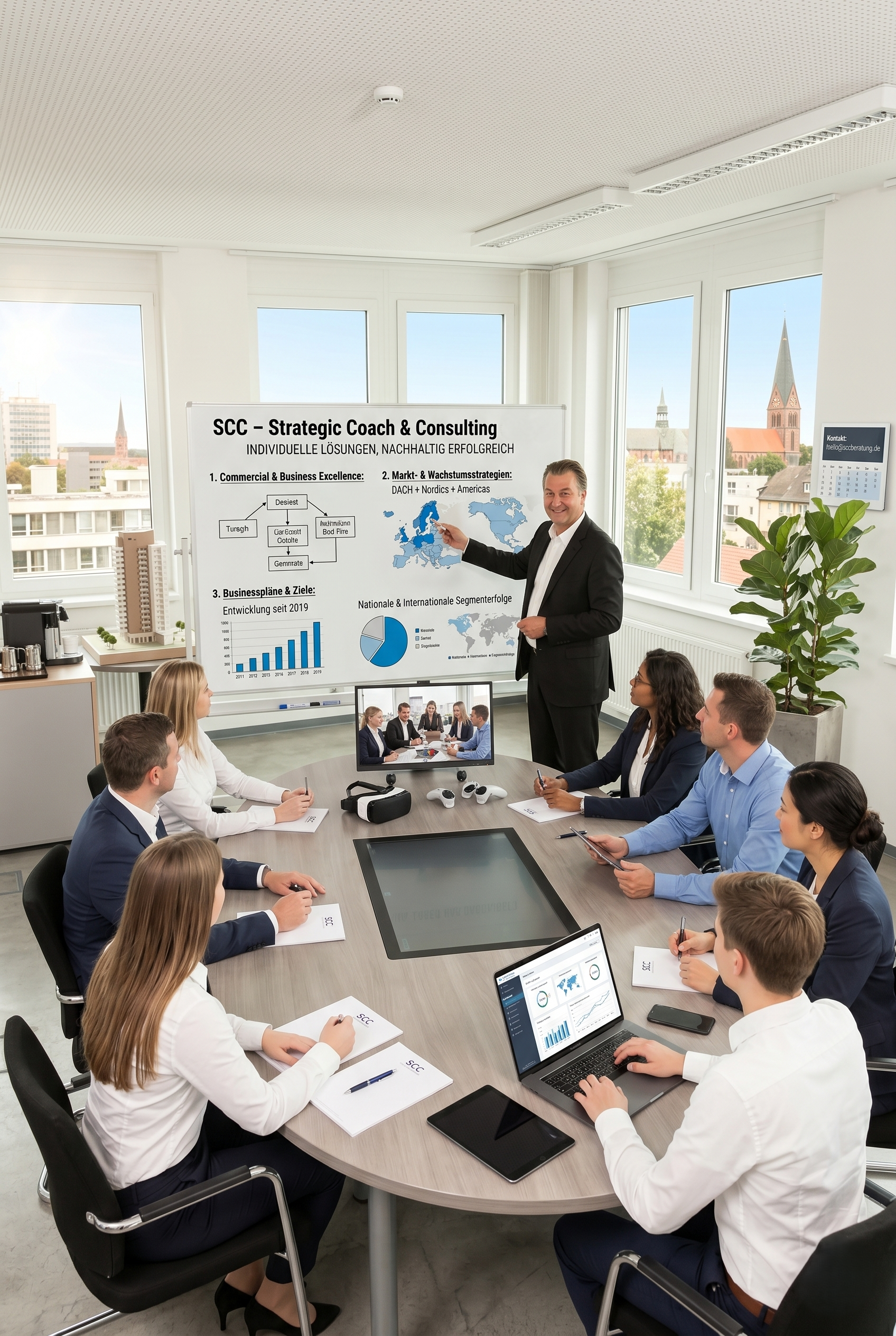Ein Geschäftsmeeting in einem Konferenzraum mit mehreren Personen, ein Mann in Anzug präsentiert an einer Tafel mit Diagrammen und Karten, während die anderen Teilnehmer Notizen machen und einen Laptop mit Diagrammen auf dem Tisch haben.