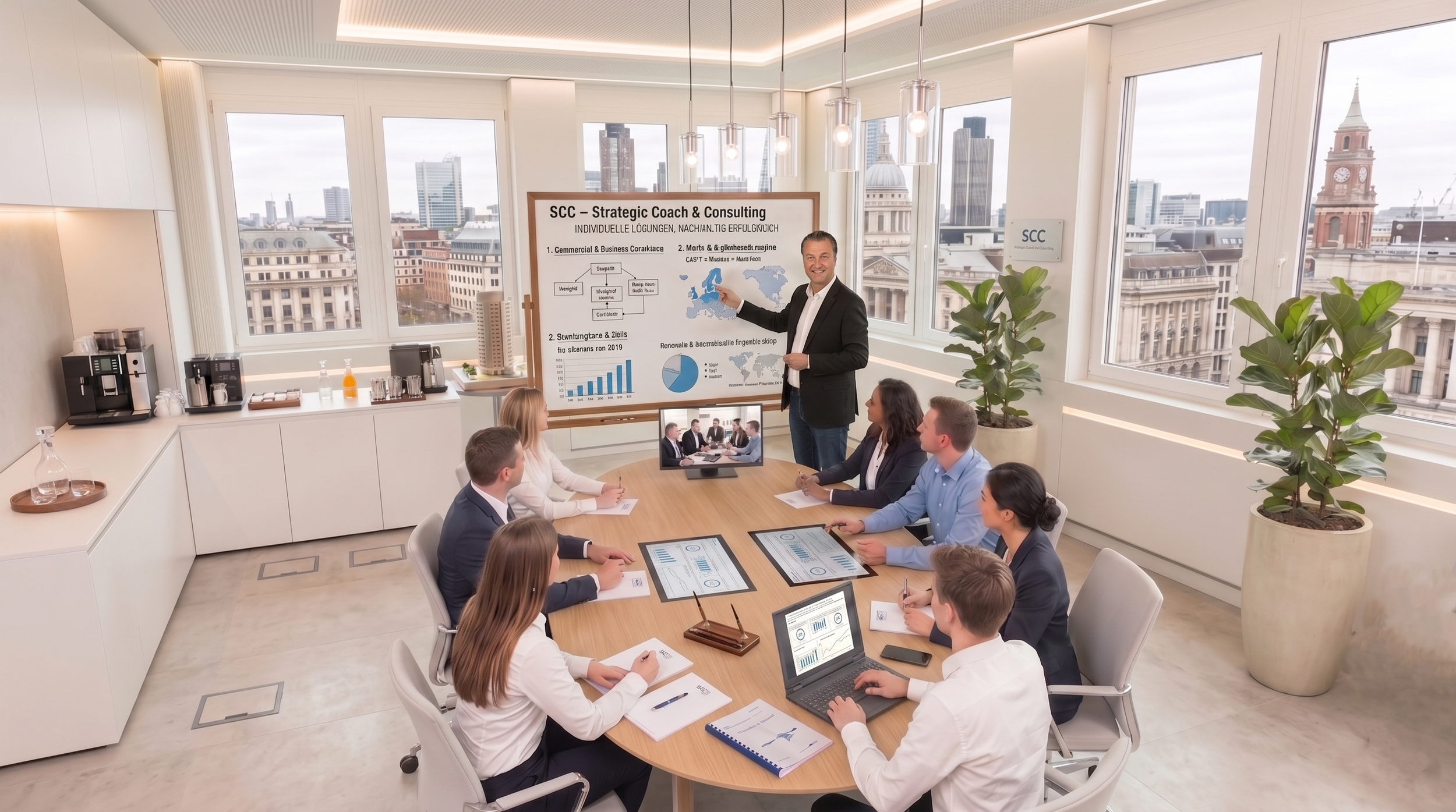 Geschäftsleute in einem Konferenzraum während eines Meetings mit einem Präsentator neben einem Whiteboard, großen Fenstern mit Stadtblick, Laptops, Tablets und Dokumenten auf dem Tisch, und einem Fernseher mit weiteren Teilnehmern.