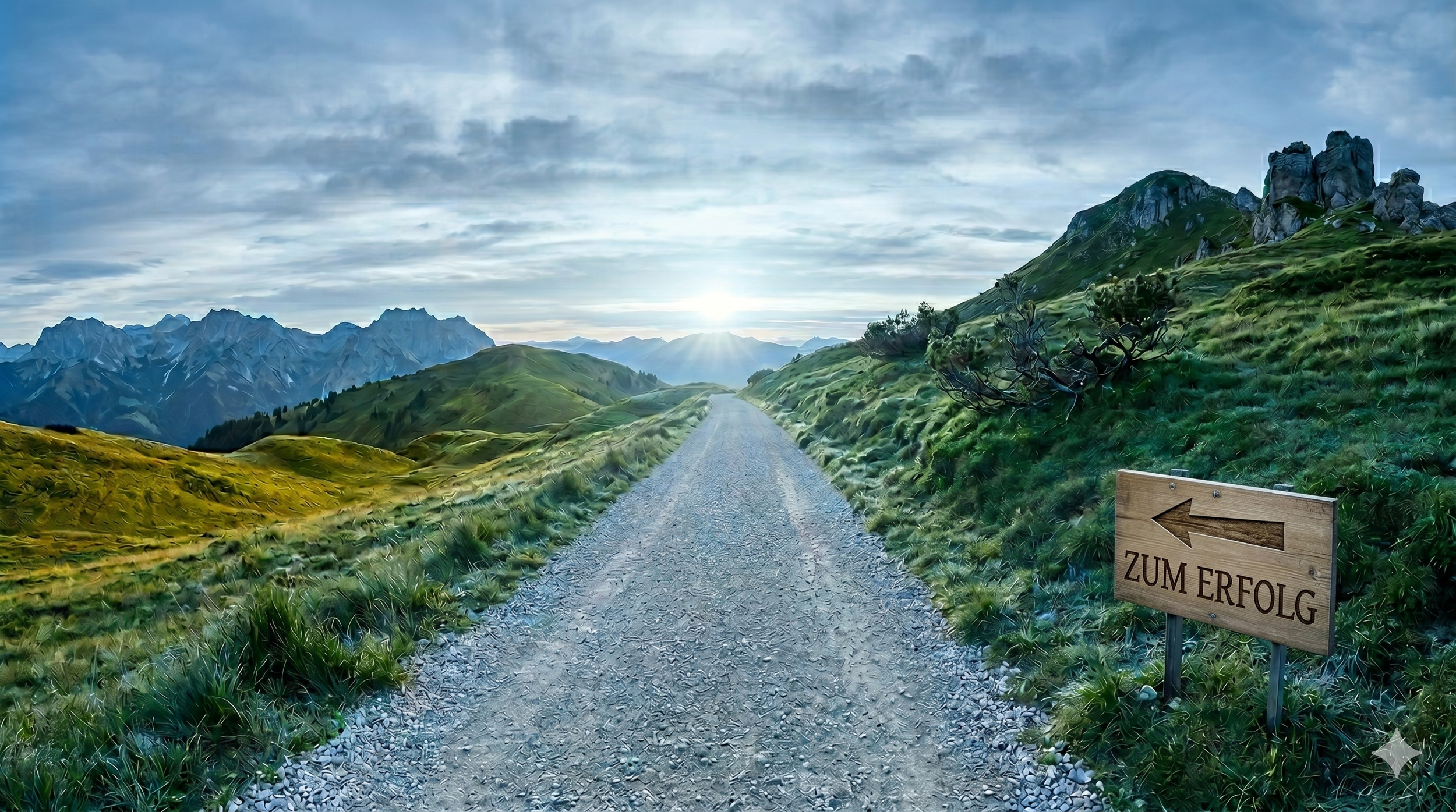 Ein gravelweg führt durch grüne Hügel mit Bergen im Hintergrund, während die Sonne zwischen Wolken aufging. Es befindet sich ein Wegweiser rechts mit der Aufschrift 'ZUM ERFOLG' und einem Pfeil nach links.