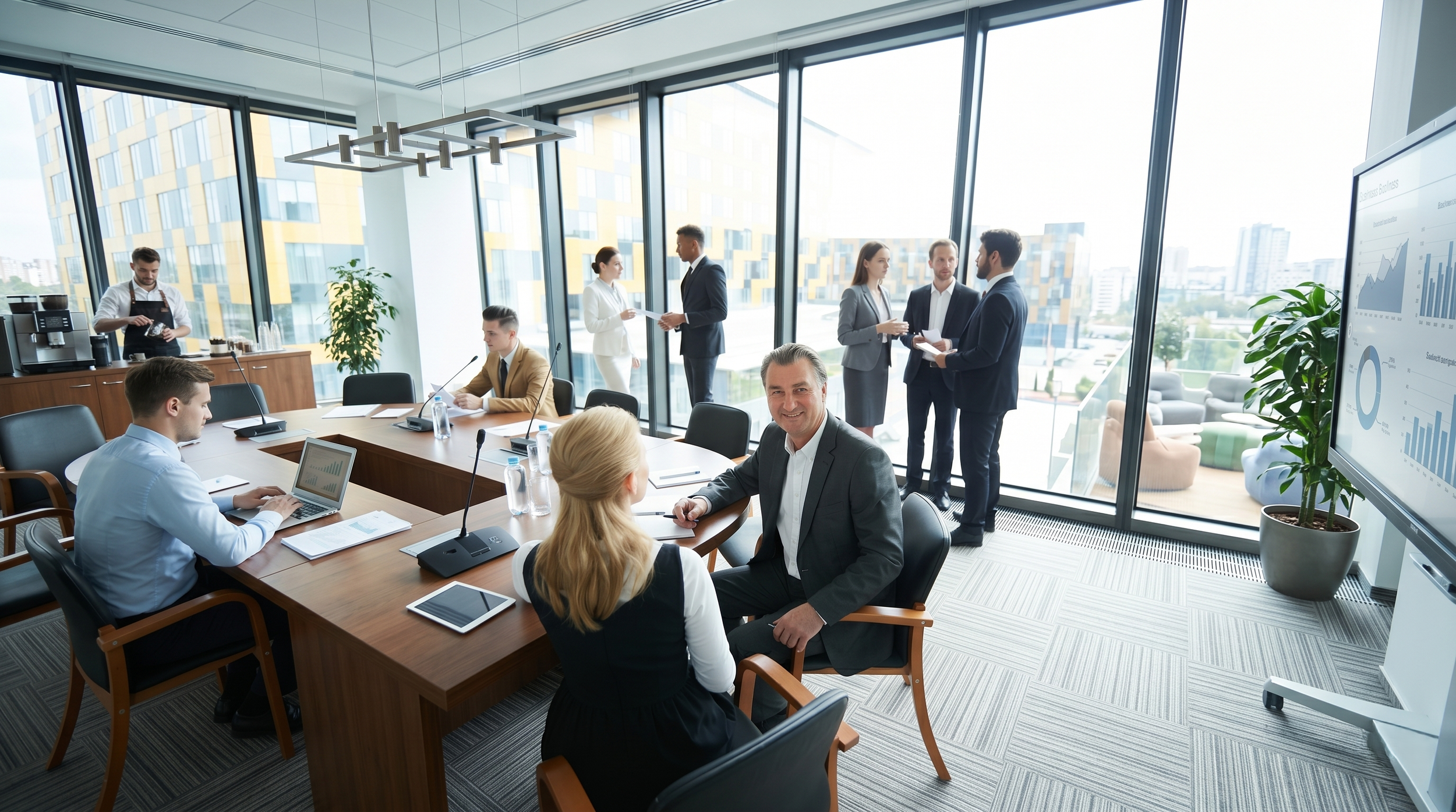 Geschäftstreffen in einem modernen Büro mit Glaswänden und großem Bildschirm, auf dem Diagramme zu sehen sind, sowie mehreren Personen, die diskutieren und arbeiten.