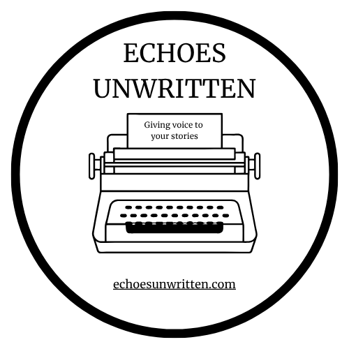 Logo for Echoes Unwritten featuring a typewriter with a paper roll, and the text 'Echoes Unwritten' and 'Giving voice to your stories' above the typewriter, with the website echoesuwnritten.com below.