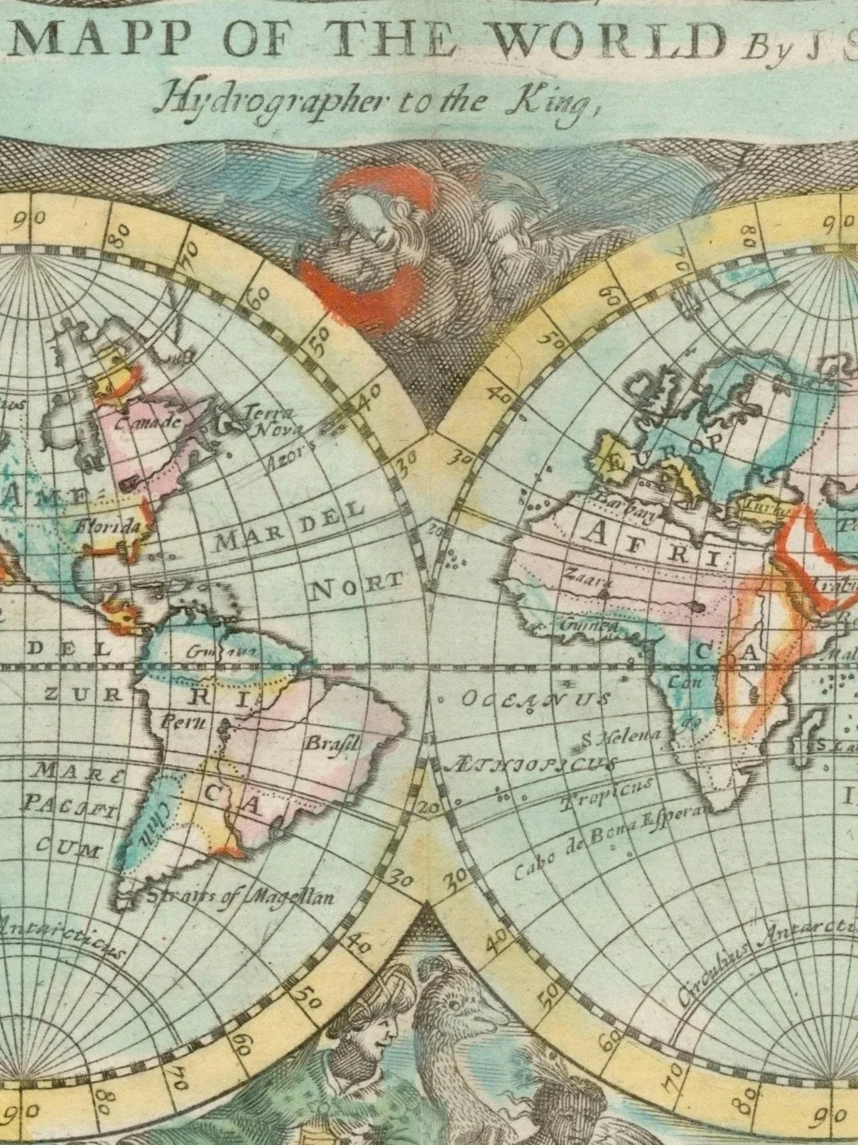 Close-up of an antique map titled 'Map of the World' with illustrations of the Earth, including North and South America, Africa, Europe, and parts of Asia. The map has colorful borders and detailed geographic labels.