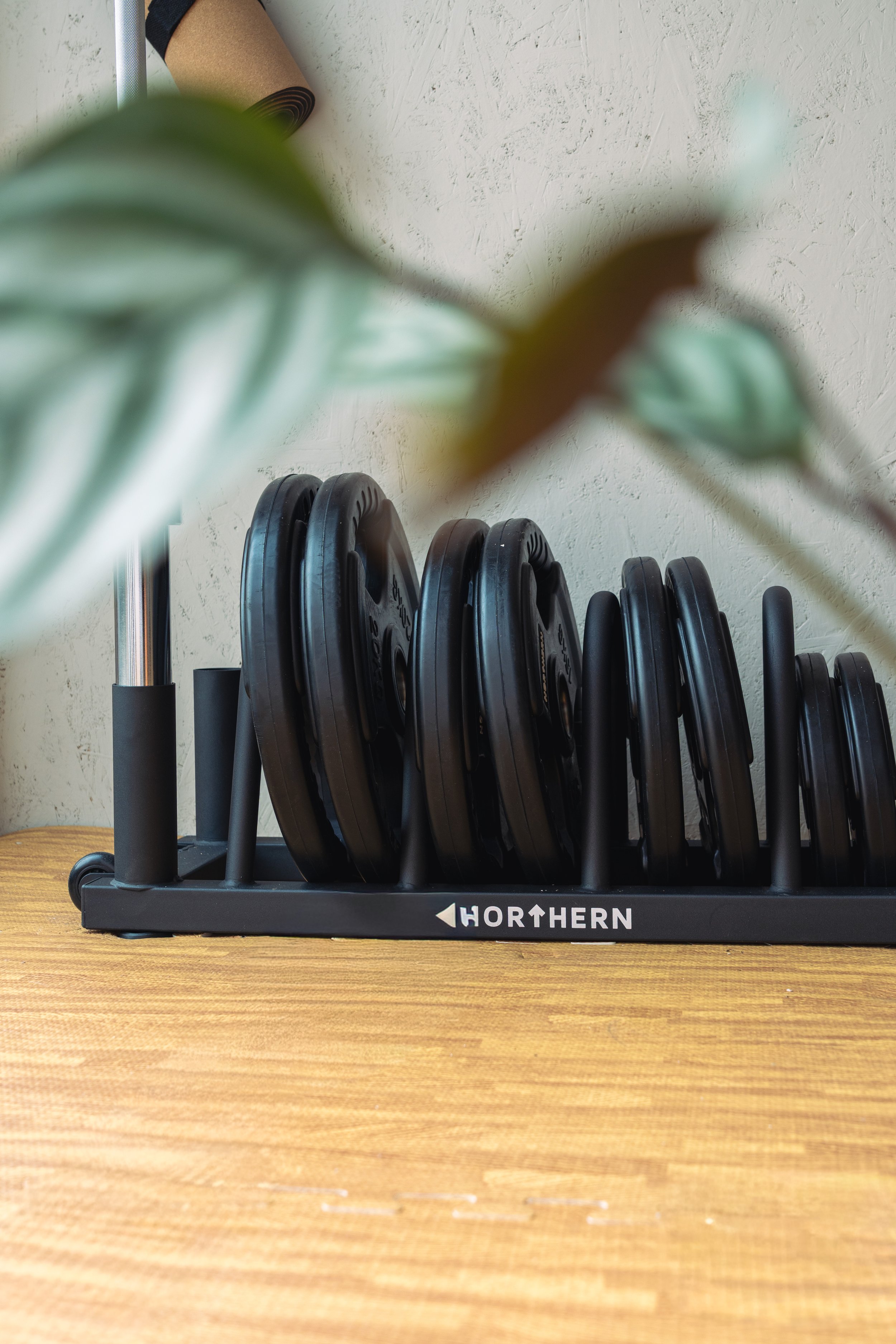A black weight plate rack labeled