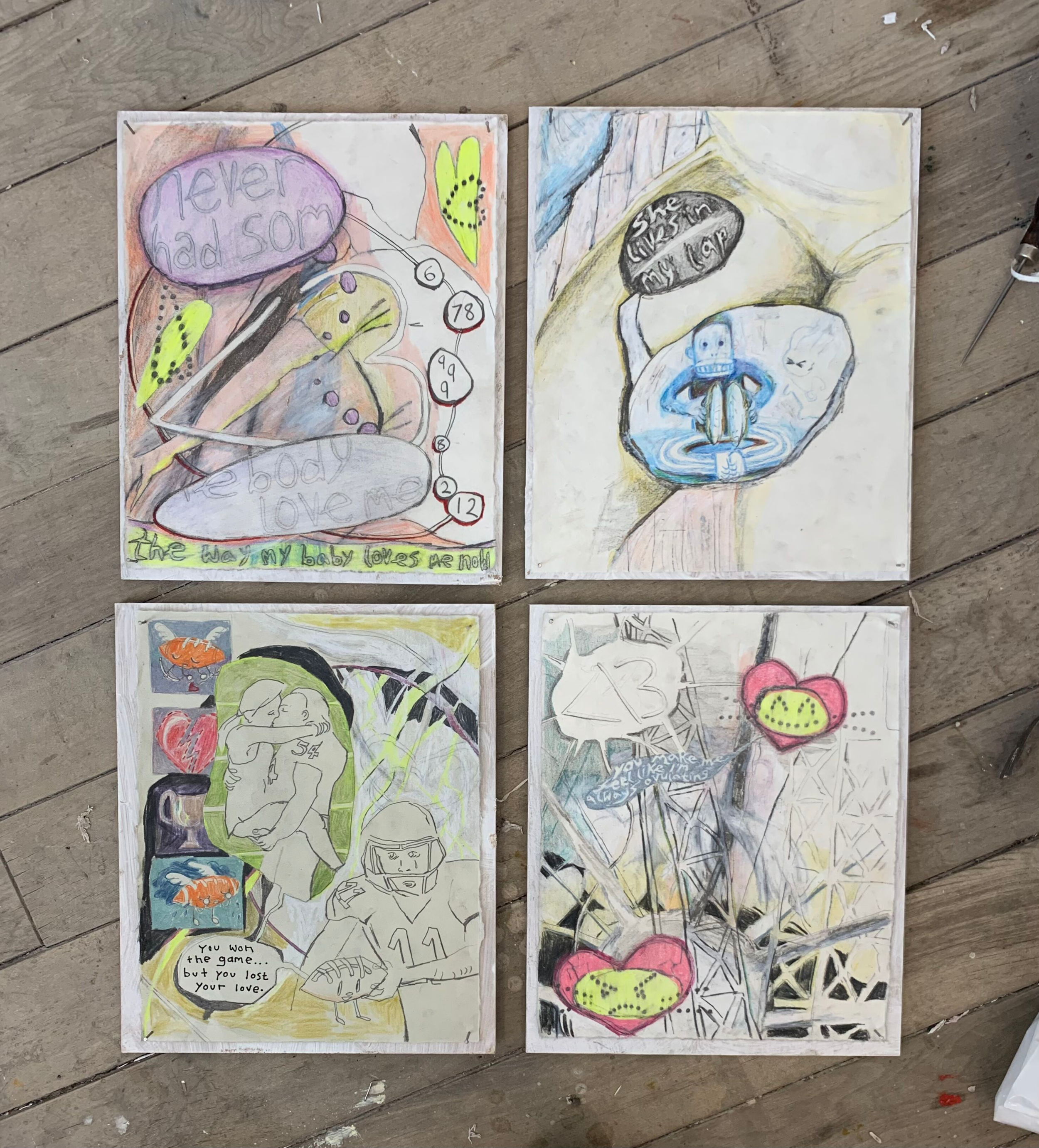 Drawings from 'Love Stories' exhibition. Colour pencil on paper, 2025.