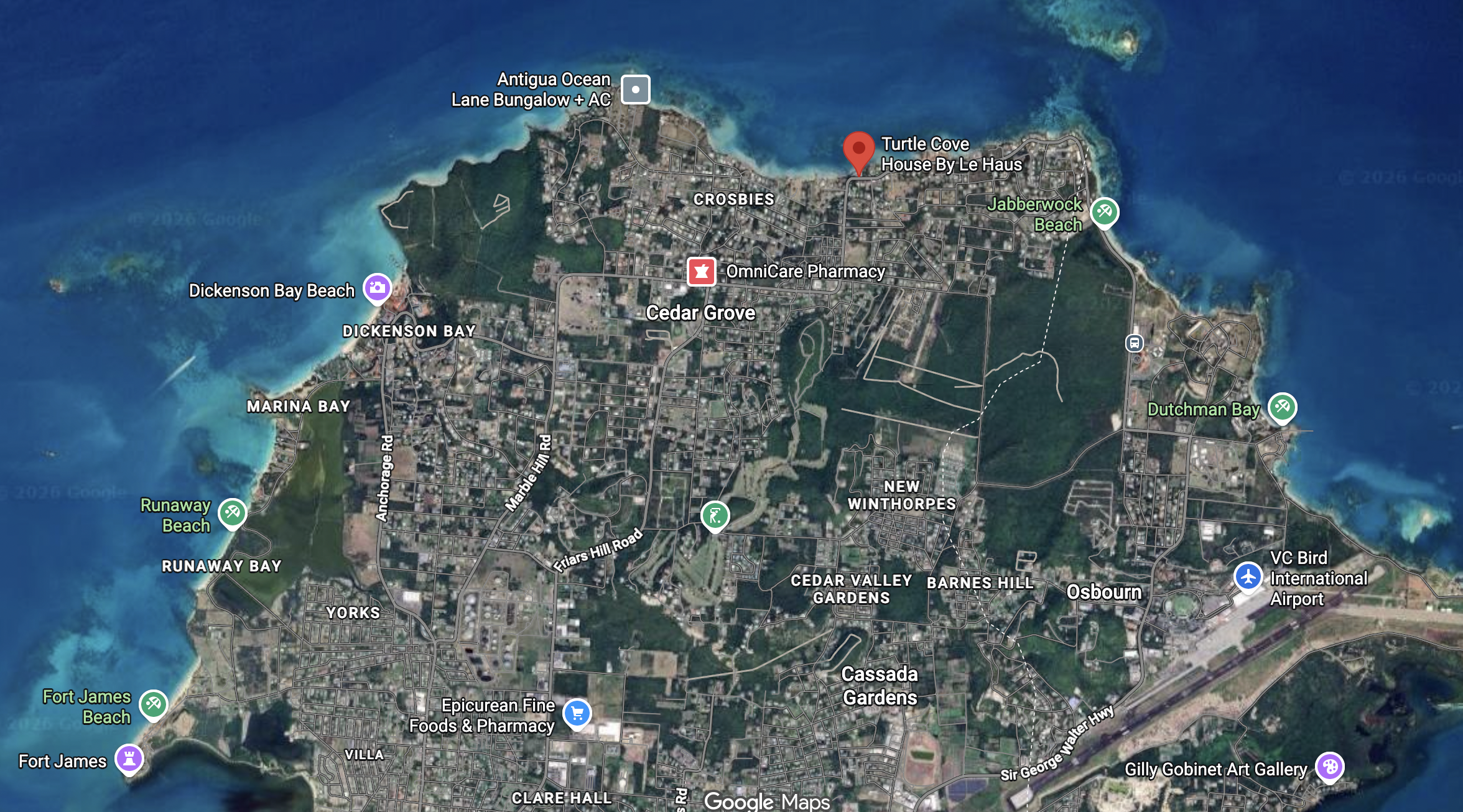 Satellite map of Cedar Grove and surrounding areas in Antigua, showing beaches, roads, and landmarks like Antigua Ocean Lane Bungalow, Jabberwock Beach, Dickenson Bay Beach, Runaway Beach, and the VC Bird International Airport.