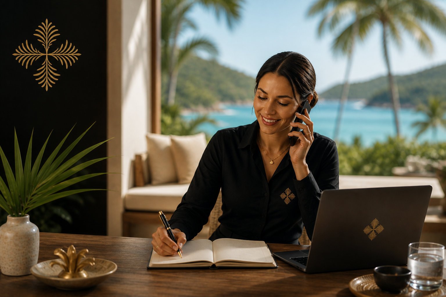 A woman sitting at a wooden table in a tropical setting, talking on a cell phone, writing in a notebook, with a laptop open in front of her. The background shows palm trees, water, and a blue sky.
