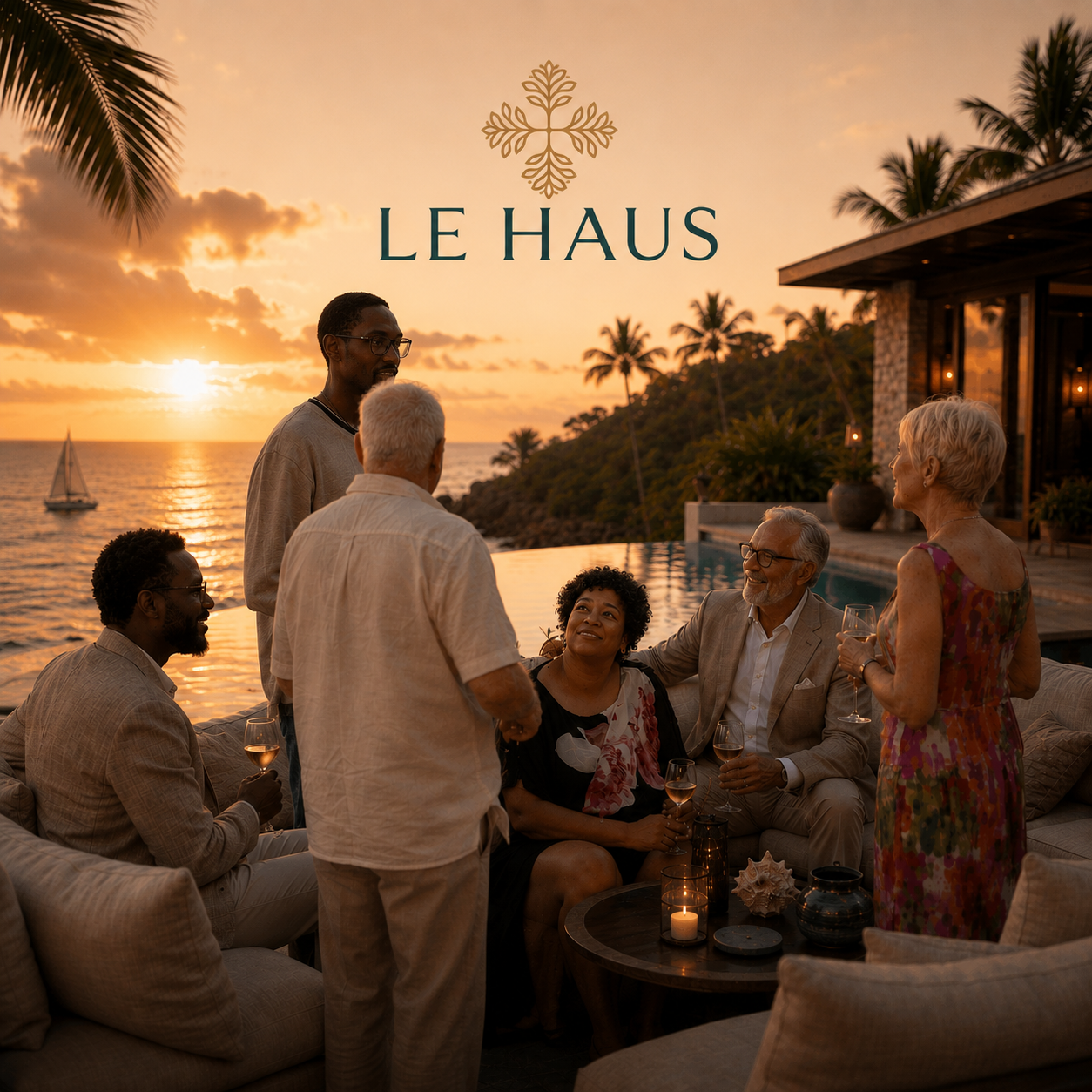 Group of six adults enjoying drinks and conversation at sunset on a patio overlooking the ocean, with palm trees and a sailboat in the background.